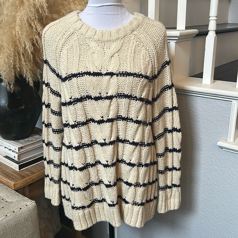 J.Jill Womens Sweater Ivory Blue Stripe Cable Knit Nautical Crew Neck SZ Large - Picture 2 of 8